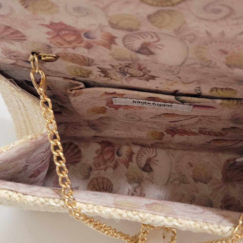Haute Hippie Woven Straw Gold Sea Shell Clutch Bag Wood Bead Handle Crossbody - Picture 6 of 11